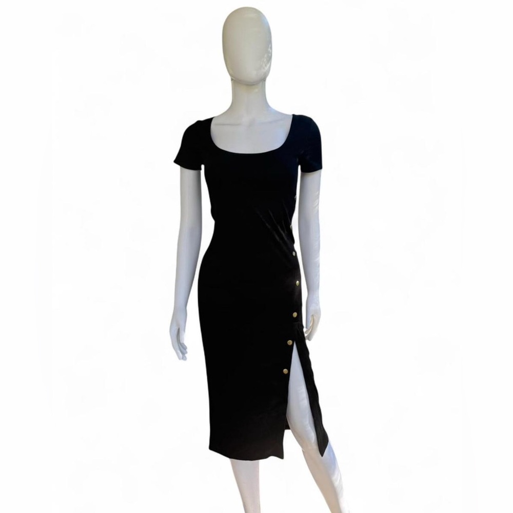 NWT Black Midi Dress Side Button Slit | Short Sleeve Scoop Neck | Small